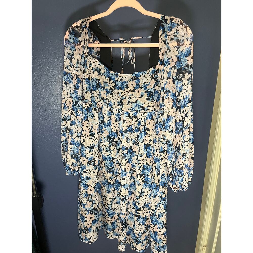 Lucy Paris Blue Floral Long Sleeve Mini Dress Size Large NWT - Picture 2 of 6